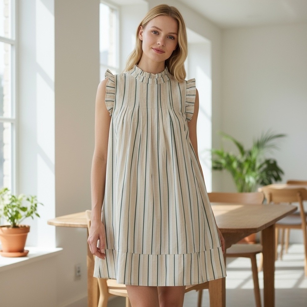 Striped Sleeveless Ruffle 100%‎ Cotton Midi Dress Garden Party Brunch Medium